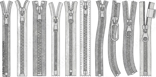 Zipper variations technical drawings displaying multiple fastener styles for apparel production cad drawing flat vector illustration collection set
