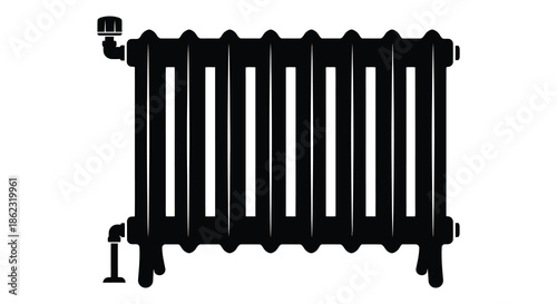 A simple black and white illustration of a classic cast iron radiator with valves