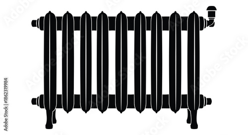 A classic black cast iron radiator depicted in a simple minimalist black and white illustration