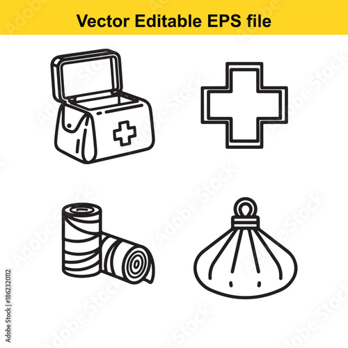  a set of four black and white medical icons including a first aid kit and a cross isolated on white background