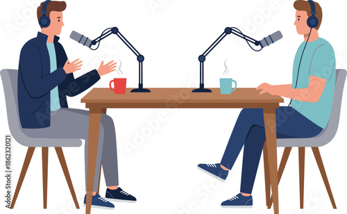 Two men podcast interview illustration with microphones headphones coffee mugs discussing ideas across table in professional modern audio recording studio