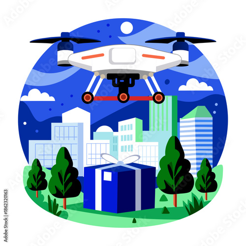 A flat style illustration showing drone delivery