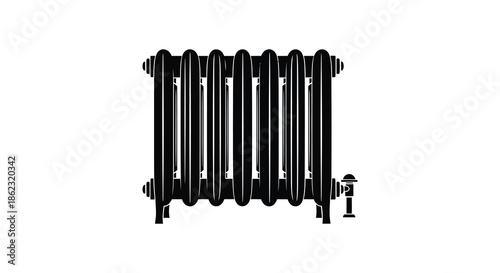 A classic black cast iron radiator depicted in a simple isolated illustration style