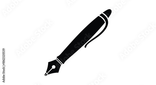 A simple black and white illustration depicting a classic fountain pen with intricate detailing