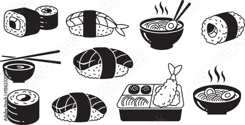 Collection of japanese food illustrations including sushi, ramen, and bento boxes