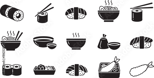 Japanese food icons: sushi, noodles, and tempura set
