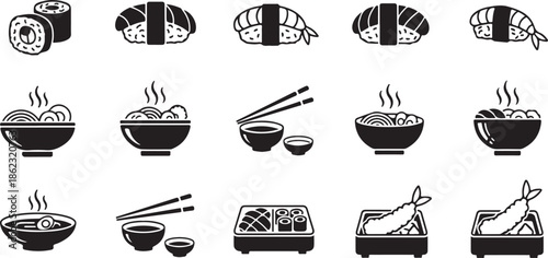 Collection of japanese food icons including sushi, noodles, and tempura