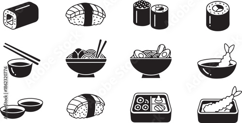 Japanese food icons collection: sushi, ramen, bento box, and tempura