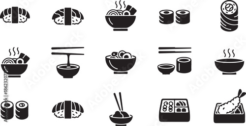 A collection of japanese food icons including sushi, ramen, and tempura