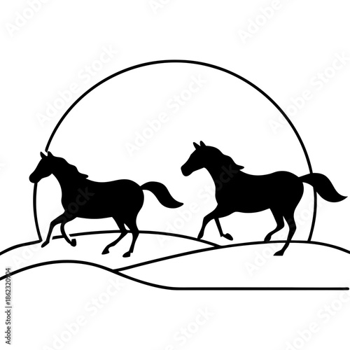 wild horses running across a grassy plain at sunse