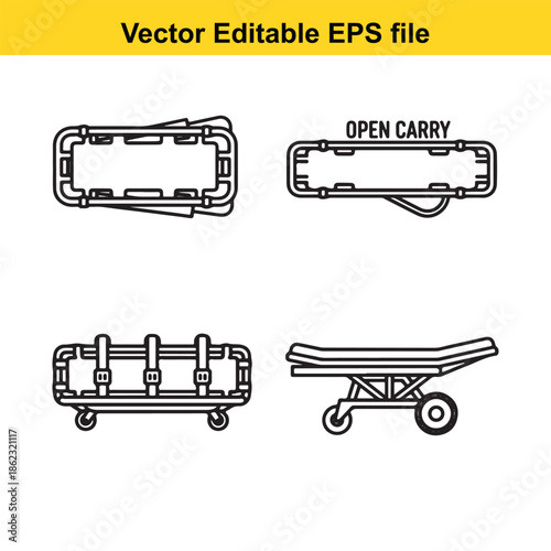  vector illustrations of hospital gurney in different views and positions isolated on white background