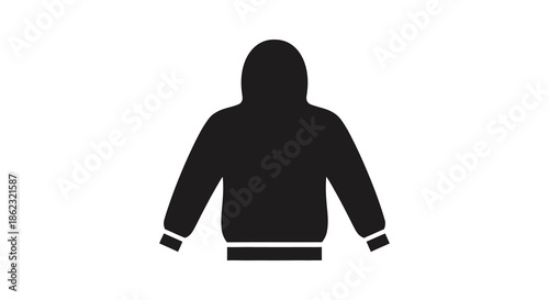 A simple black silhouette of a hooded sweatshirt or jacket a common clothing item