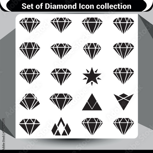A diverse collection of black silhouette diamond icons showcasing various facets and shapes
