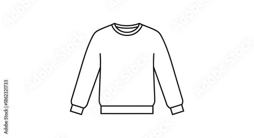 A simple black and white line drawing depicts a classic crewneck sweatshirt isolated on white