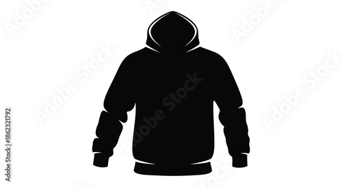 A stark silhouette of a person wearing a hooded sweatshirt isolated on a plain white background