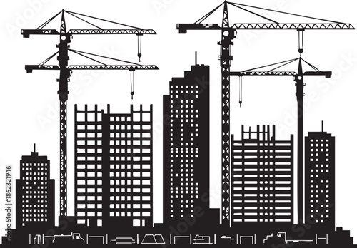 Black silhouette of a city skyline under construction with cranes isolated on transparent background