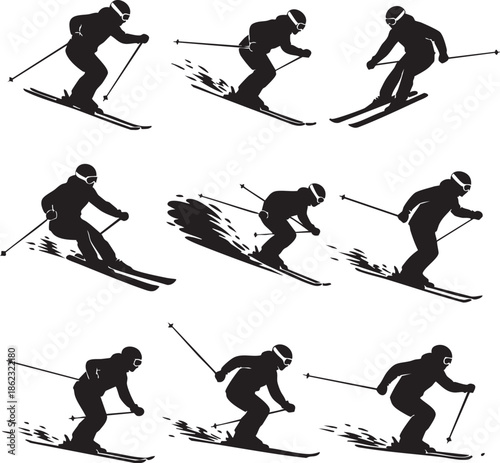 Collection of dynamic skiing action poses in silhouette isolated on transparent background