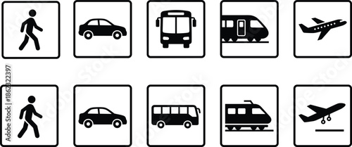 Transportation icons set featuring walking, car, bus, train, and airplane symbols in grid layout, ideal for travel apps, mobility services, and urban transportation design.