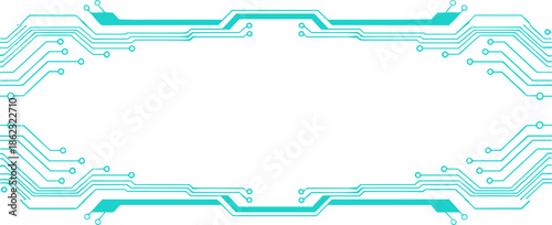 Horizontal circuit board frame design with turquoise elements on black background