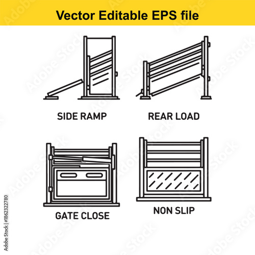  vector editable eps file containing four ramp designs with side ramp, rear load, gate close, and non slip variations