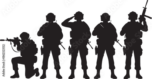 Five military soldiers in silhouette poses holding rifles isolated on transparent background
