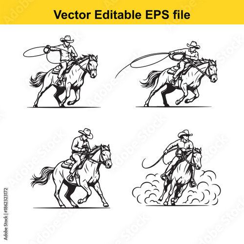  set of four cowboy vector illustrations on white background isolated on white background