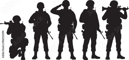 Five silhouette soldiers in tactical gear holding rifles isolated on transparent background