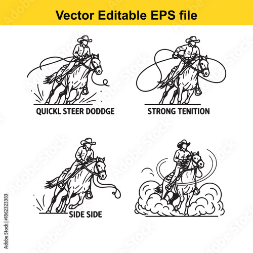  vector editable eps file of cowboy riding horse with rope isolated on white background