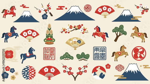 Japanese Horses, Cherry Blossoms, and Mount Fuji - Illustration Design in Traditional Style