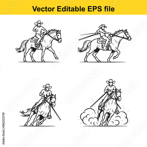  four cowboy riding horse vector illustrations in various dynamic poses and actions with detailed line work