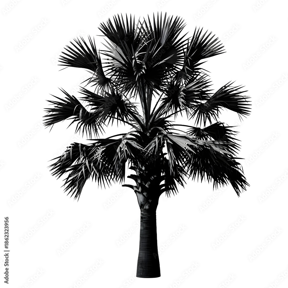Obraz premium A striking black and white silhouette of a tropical fan palm tree against a pristine white background