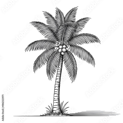Elegant hand-drawn illustration of a tropical coconut palm tree with hanging coconuts, symbolizing paradise