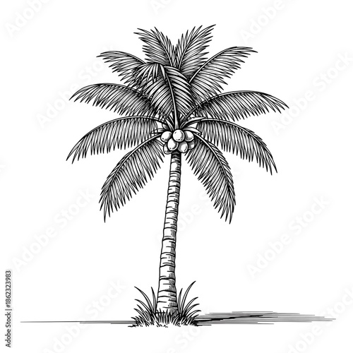 Hand-drawn sketch of a tropical coconut palm tree with lush fronds and coconuts, ideal for summer designs