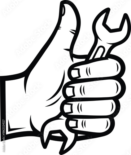 Hand holding a wrench with a thumbs up gesture symbolizing good service and repair