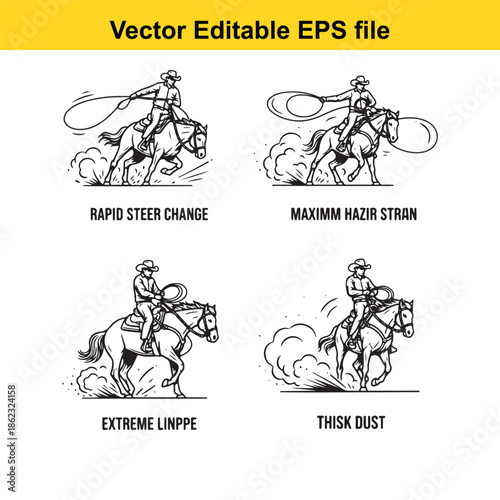  set of vector illustrations of cowboy riding horse with various actions isolated on white background