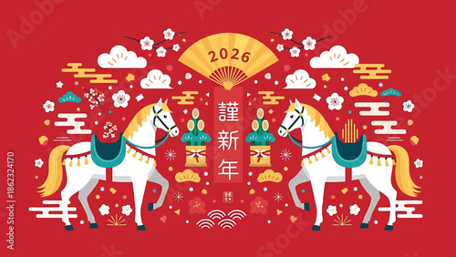 Festive Celebration, Horses, Lunar New Year 2026, Illustration, Traditional Environment, Colorful Viewpoint, Cultural Symbolism
