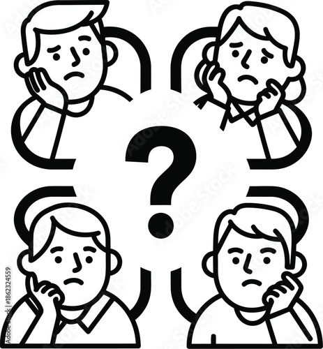 Thoughtful individuals contemplating a central question, symbolizing confusion and inquiry