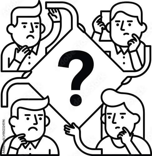 Team of diverse individuals brainstorming and contemplating a complex problem or question