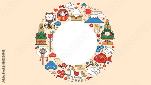 Cultural Elements, Whimsical Illustrations, Circular Design, Graphic Art, Japanese Theme, Cheerful Atmosphere, Vibrant Colors