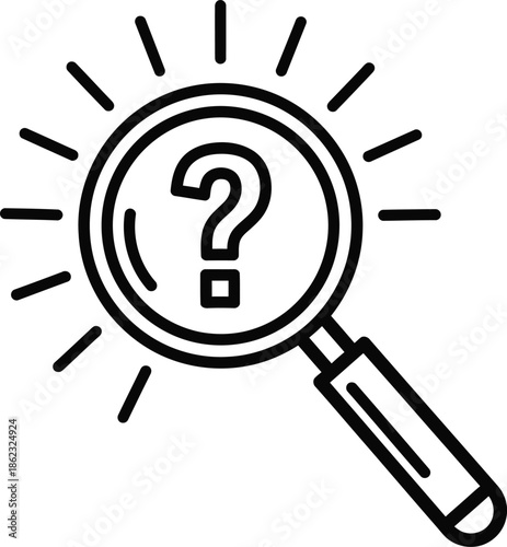 Discovering answers and exploring ideas: a magnifying glass with a bright question mark