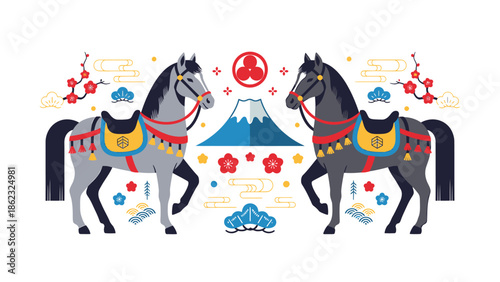 Cultural Festival, Horses, Japan, Illustration, Colorful Scene, Side View, Traditional Aesthetics