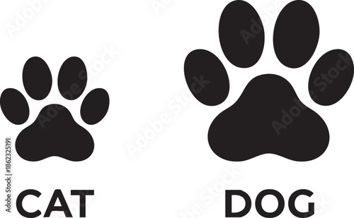 Two black paw prints one small cat and one large dog isolated on transparent background