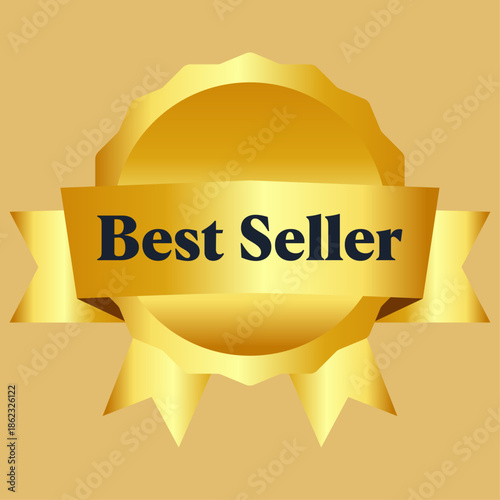 Best Seller 01A gold emblem featuring a ribbon with the text 'best seller' on a beige background