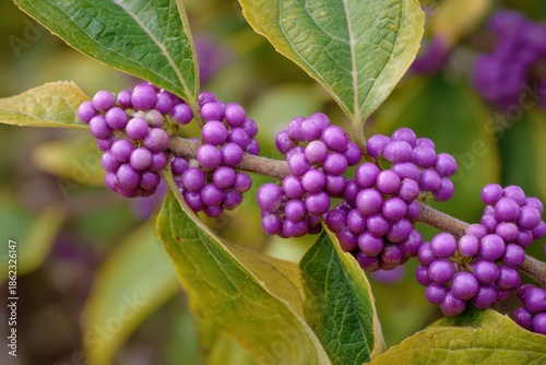 Close-Up of Coastal Native American Beautyberry: Clusters of Small Mauve Fruits on Ornamental Shrub