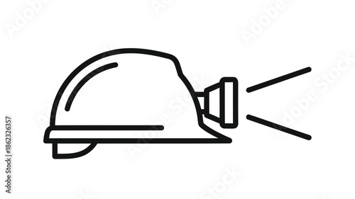 Simple line drawing of a white construction helmet with a built in headlamp depicted in profile