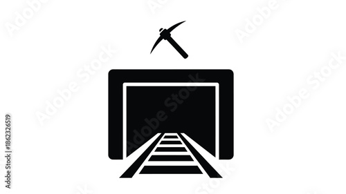 Simple black and white illustration of a mine entrance with a pickaxe above