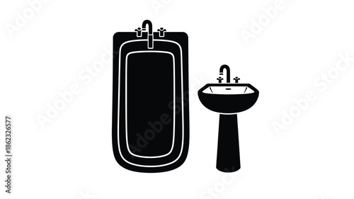 Black and white illustration depicting a bathtub and sink bathroom fixtures shown in simple form