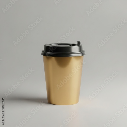 A minimalist studio shot of a gold disposable coffee cup with a black lid on a light background