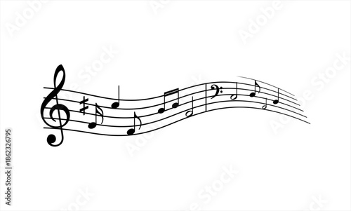 Wavy musical staff with various notes and a treble clef.