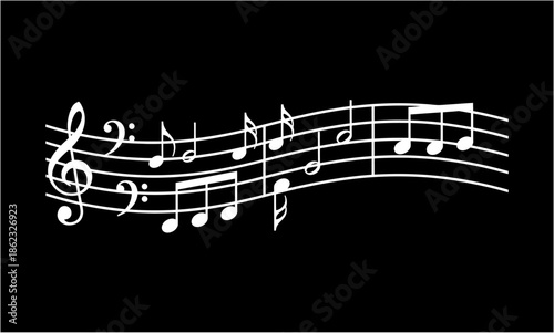 White musical notes and symbols on a black background.